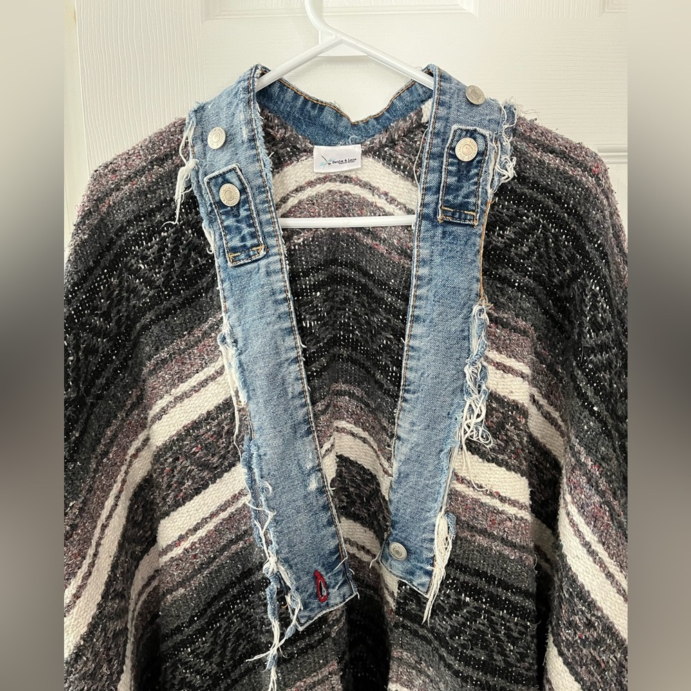 Boho Baja Poncho Sweater with Denim Trim & Fringe | Oversized Blanket Cardigan - Picture 3 of 6